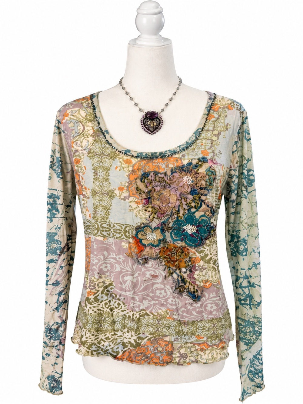 Sundance Multi-Color Floral Patchwork Long-Sleeve Scoop Neck Top - Picture 1 of 6